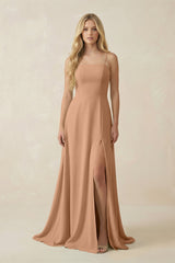 Spaghetti Strap Chiffon A - Line Bridesmaid Dress in Bronzer - KISS BRIDAL Bridesmaid Dresses