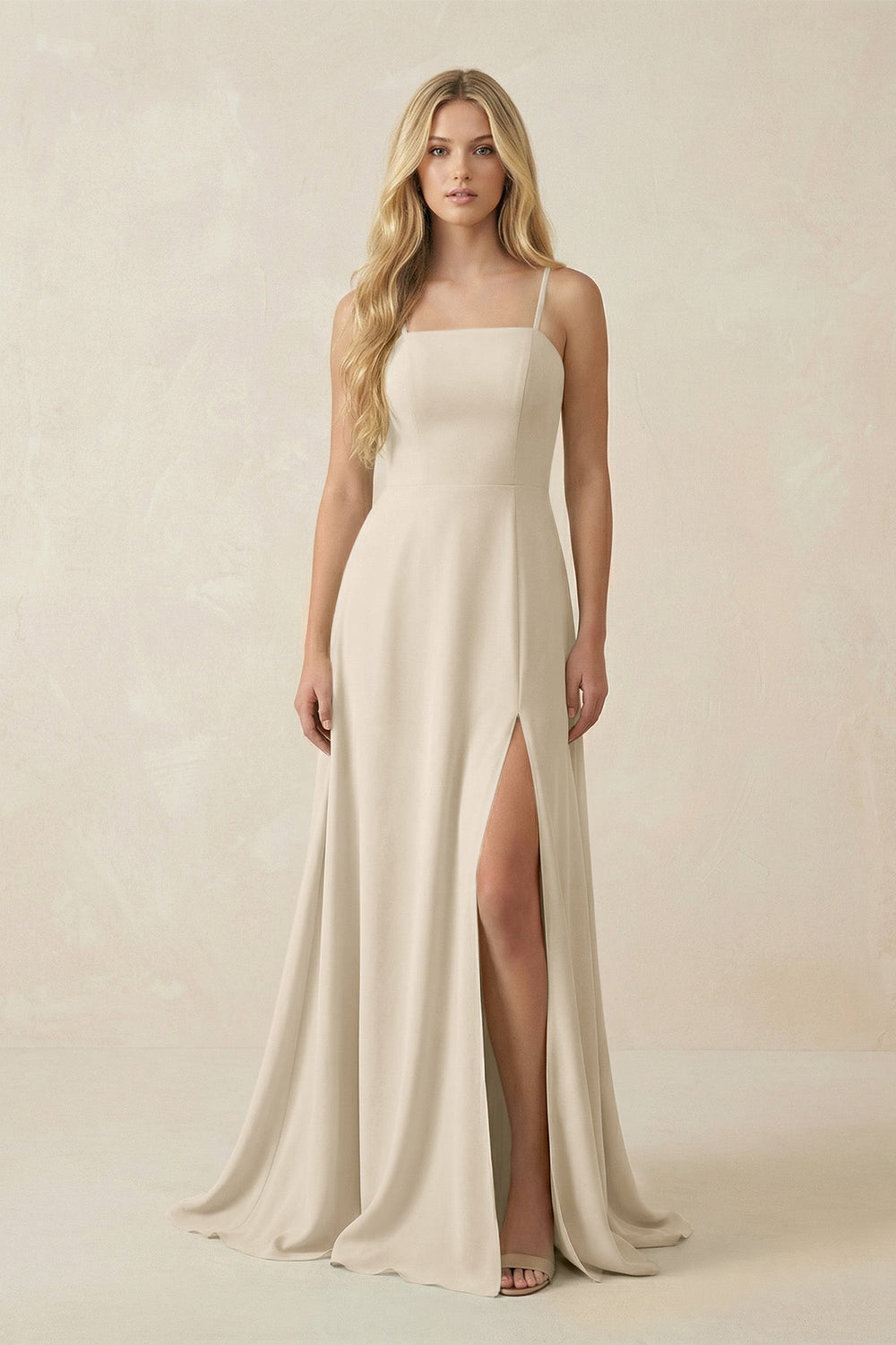 Spaghetti Strap Chiffon A - Line Bridesmaid Dress in Champagne - KISS BRIDAL Bridesmaid Dresses