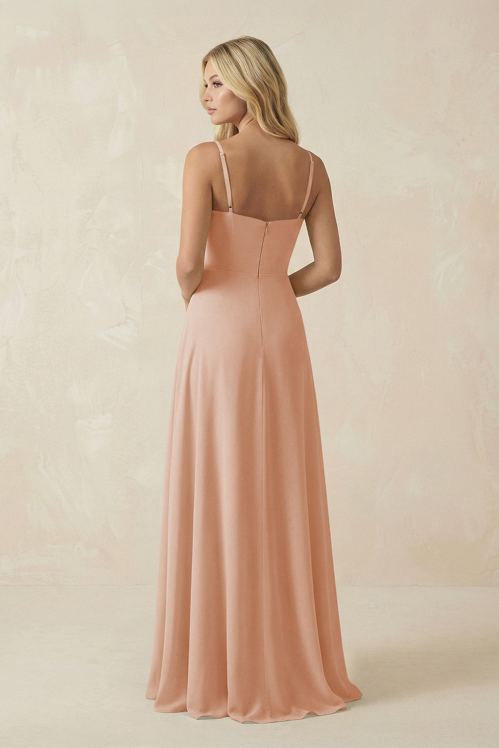 Spaghetti Strap Chiffon A - Line Bridesmaid Dress in Champagne Rose - KISS BRIDAL Bridesmaid Dresses