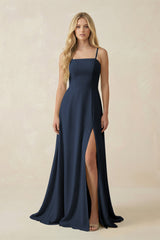 Spaghetti Strap Chiffon A - Line Bridesmaid Dress in Dark Navy - KISS BRIDAL Bridesmaid Dresses