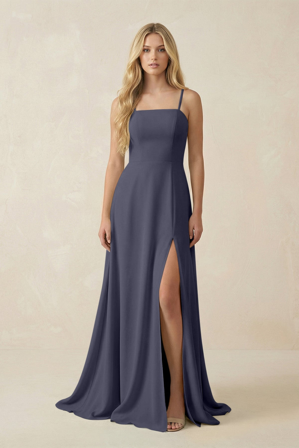 Spaghetti Strap Chiffon A - Line Bridesmaid Dress in Dusk Blue - KISS BRIDAL Bridesmaid Dresses