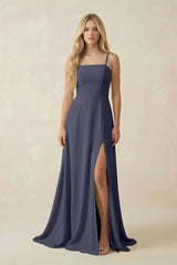 Spaghetti Strap Chiffon A - Line Bridesmaid Dress in Dusk Blue - KISS BRIDAL Bridesmaid Dresses