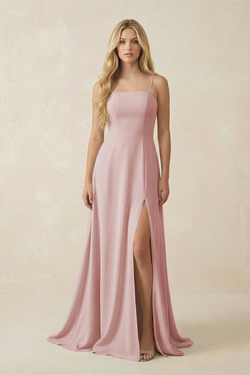Spaghetti Strap Chiffon A - Line Bridesmaid Dress in Dusty Rose - KISS BRIDAL Bridesmaid Dresses