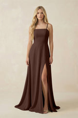 Spaghetti Strap Chiffon A - Line Bridesmaid Dress in Espresso - KISS BRIDAL Bridesmaid Dresses