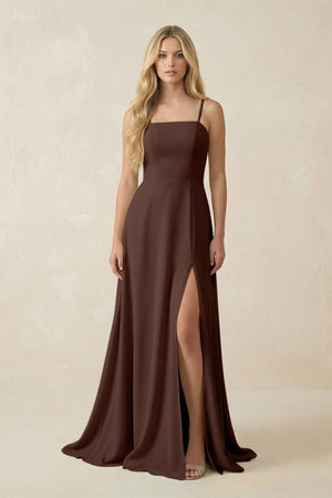 Spaghetti Strap Chiffon A - Line Bridesmaid Dress in Espresso - SHE IS ME Bridesmaid Dresses