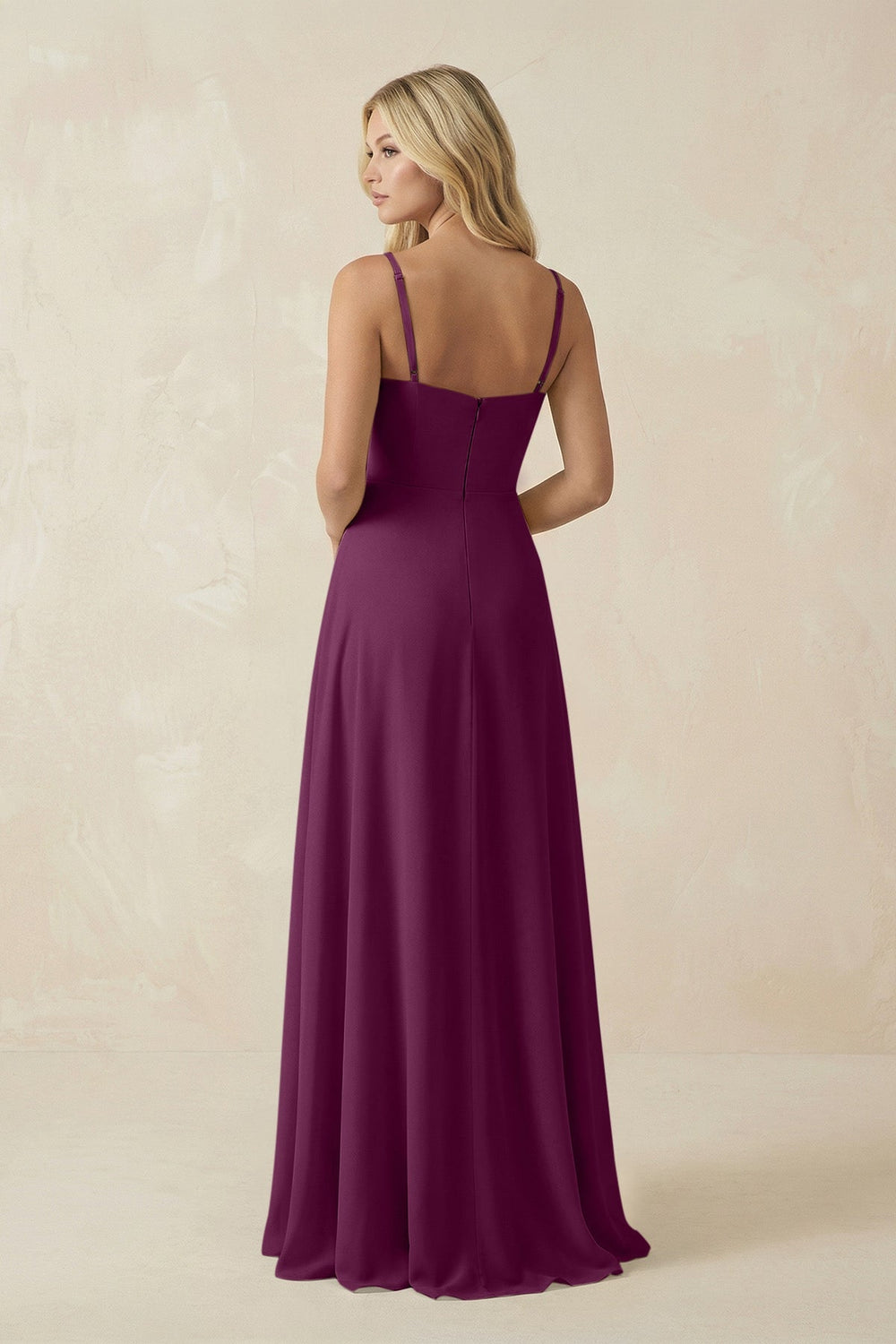 Spaghetti Strap Chiffon A - Line Bridesmaid Dress in Fig - KISS BRIDAL Bridesmaid Dresses