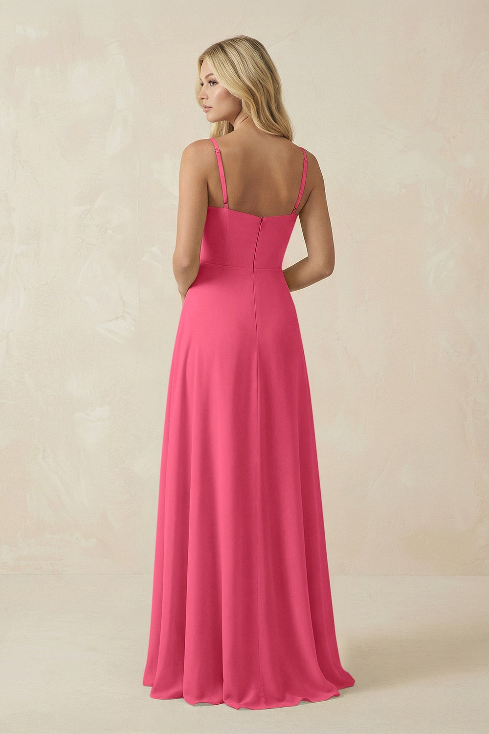 Spaghetti Strap Chiffon A - Line Bridesmaid Dress in Fuchsia - KISS BRIDAL Bridesmaid Dresses
