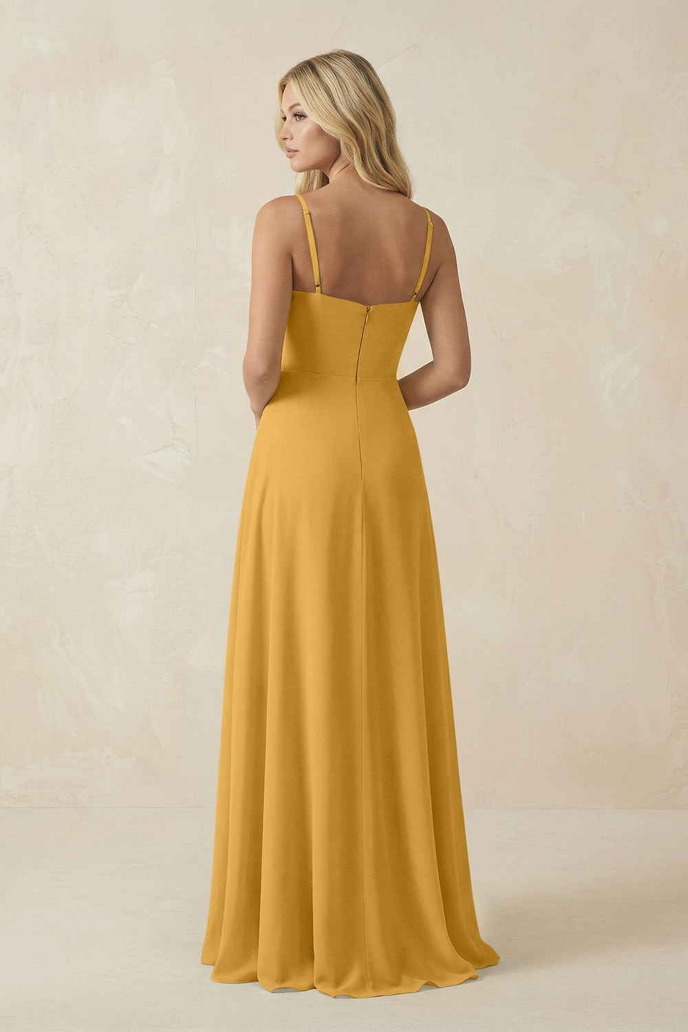 Spaghetti Strap Chiffon A - Line Bridesmaid Dress in Marigold - KISS BRIDAL Bridesmaid Dresses