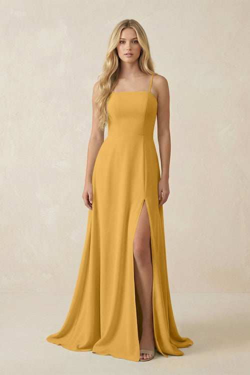 Spaghetti Strap Chiffon A - Line Bridesmaid Dress in Marigold - KISS BRIDAL Bridesmaid Dresses