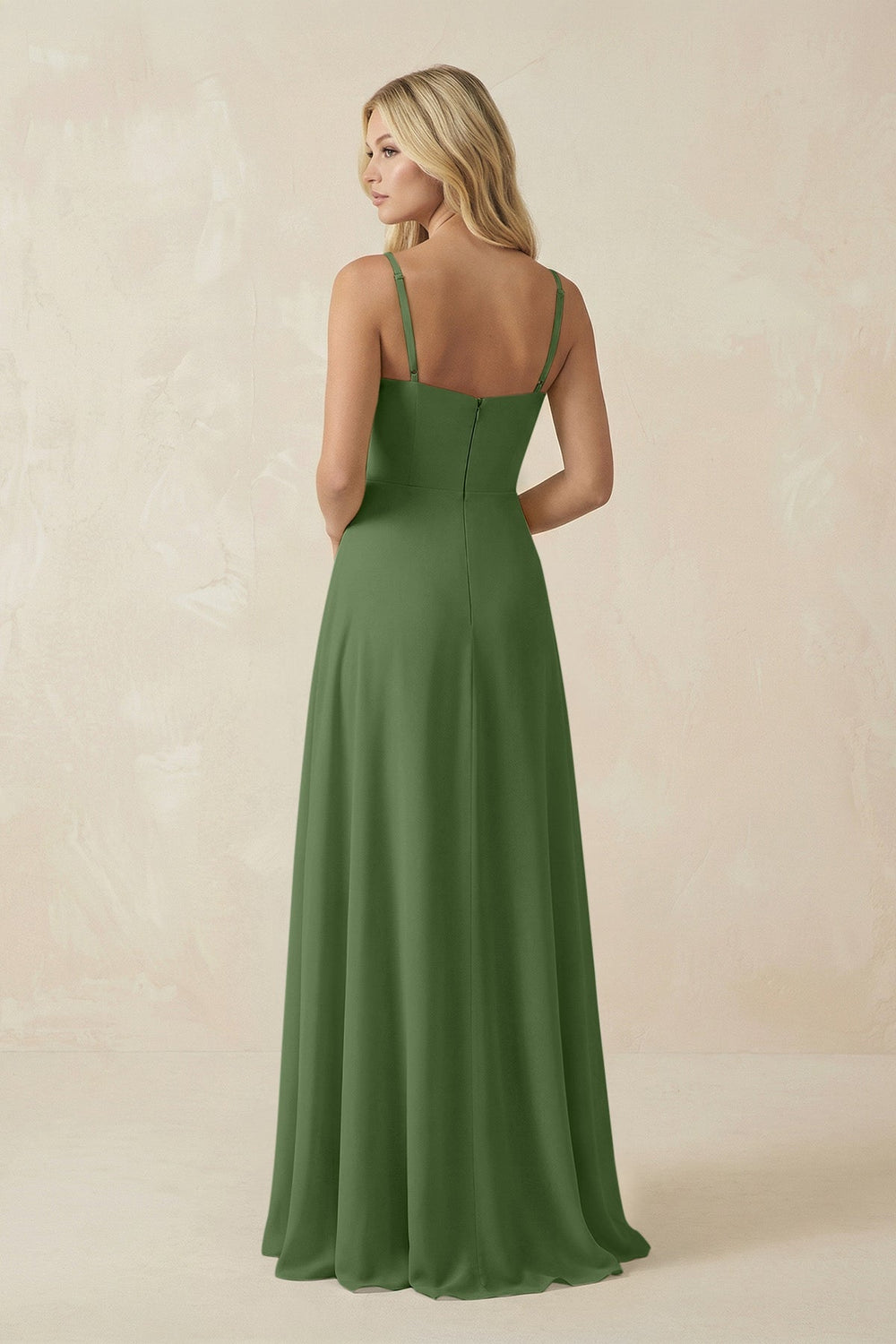 Spaghetti Strap Chiffon A - Line Bridesmaid Dress in Moss - KISS BRIDAL Bridesmaid Dresses