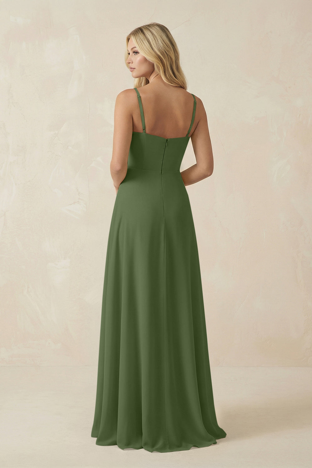 Spaghetti Strap Chiffon A-Line Bridesmaid Dress in Moss