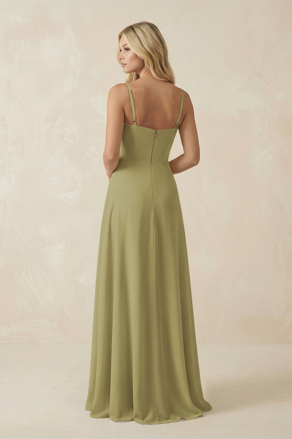Spaghetti Strap Chiffon A-Line Bridesmaid Dress in Moss Green