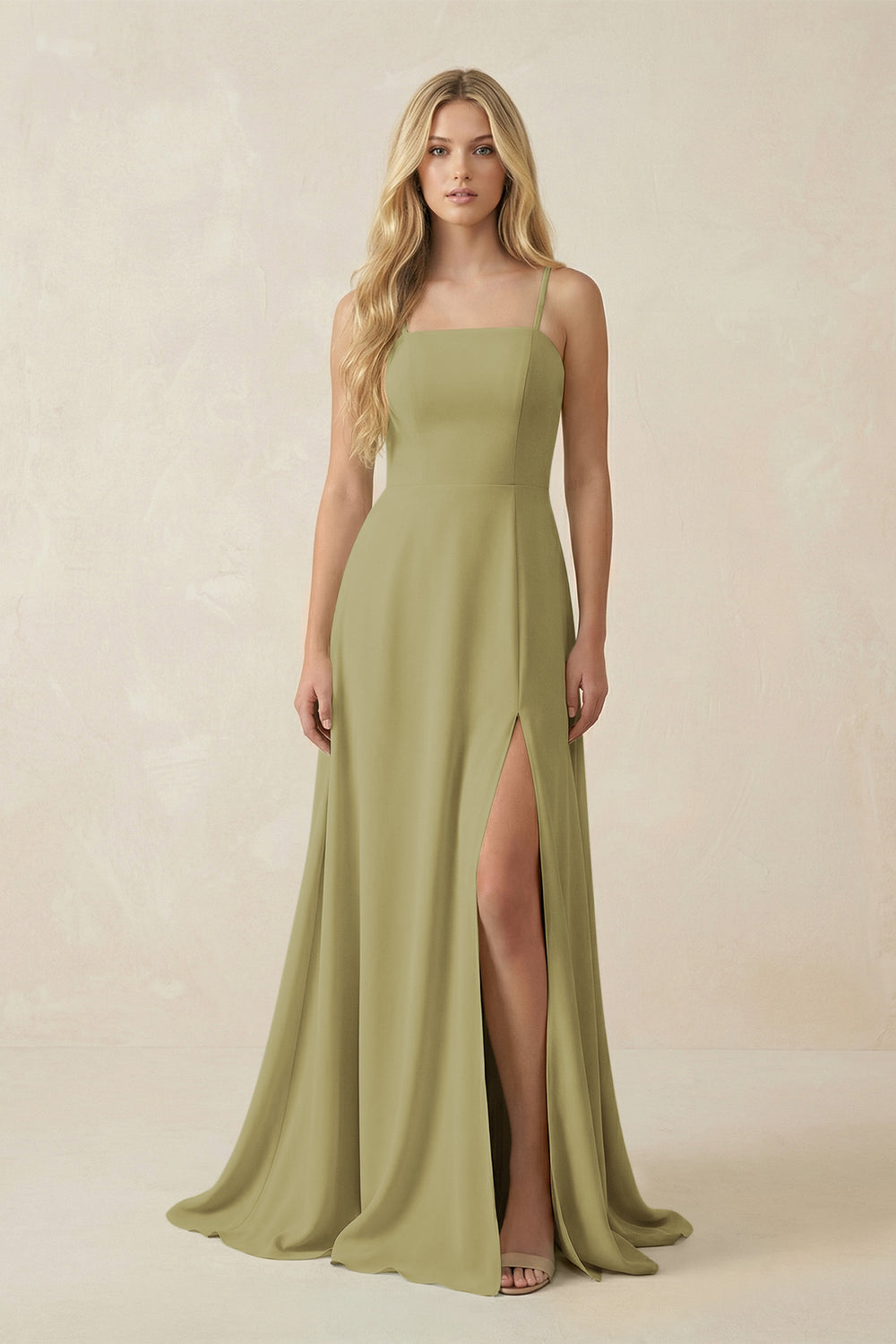 Spaghetti Strap Chiffon A-Line Bridesmaid Dress in Moss Green