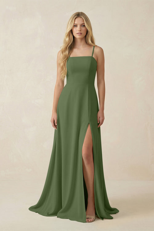 Spaghetti Strap Chiffon A-Line Bridesmaid Dress in Moss | KISSBRIDAL