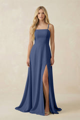 Spaghetti Strap Chiffon A - Line Bridesmaid Dress in Navy - KISS BRIDAL Bridesmaid Dresses