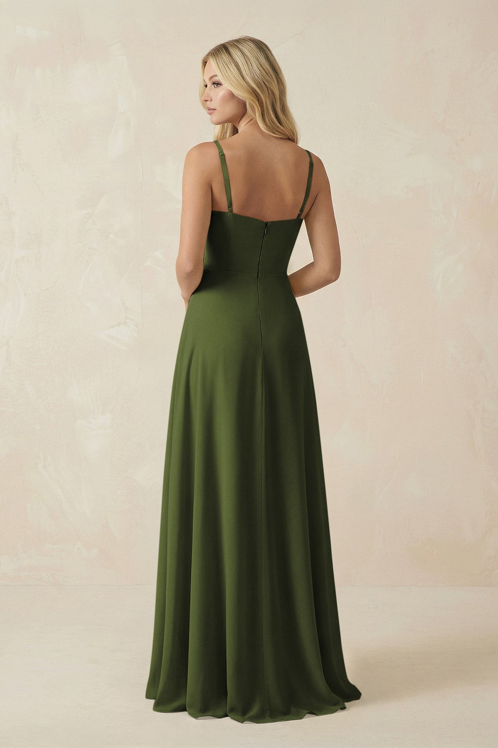Spaghetti Strap Chiffon A - Line Bridesmaid Dress in Olive - KISS BRIDAL Bridesmaid Dresses