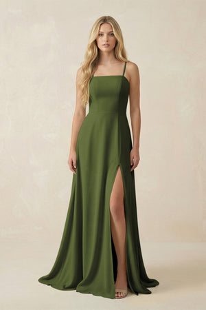 Spaghetti Strap Chiffon A - Line Bridesmaid Dress in Olive - KISS BRIDAL Bridesmaid Dresses