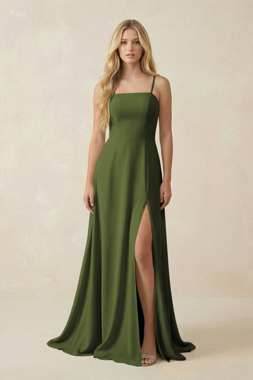 Spaghetti Strap Chiffon A - Line Bridesmaid Dress in Olive - KISS BRIDAL Bridesmaid Dresses
