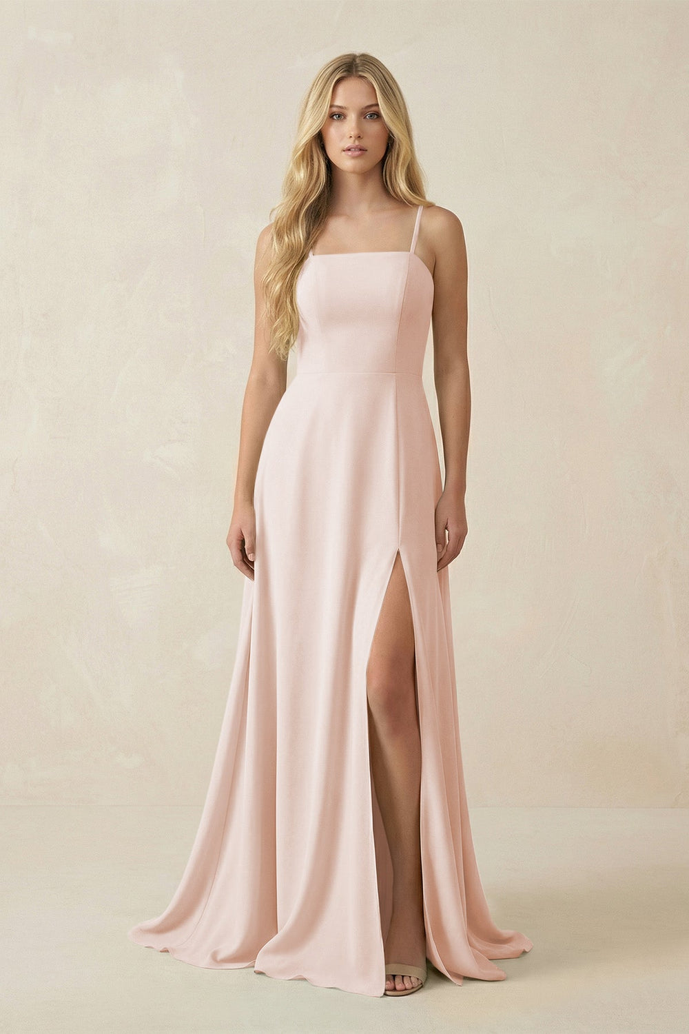 Spaghetti Strap Chiffon A - Line Bridesmaid Dress in Pale Blush - KISS BRIDAL Bridesmaid Dresses