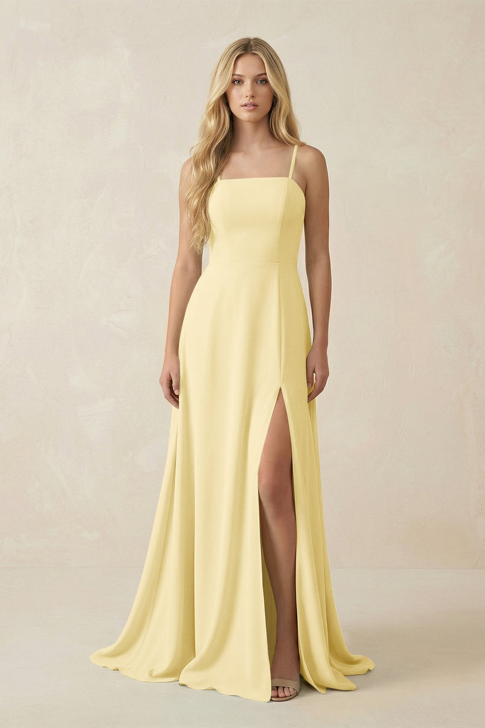 Spaghetti Strap Chiffon A - Line Bridesmaid Dress in Pastel Yellow - KISS BRIDAL Bridesmaid Dresses