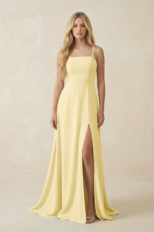 Spaghetti Strap Chiffon A - Line Bridesmaid Dress in Pastel Yellow - KISS BRIDAL Bridesmaid Dresses