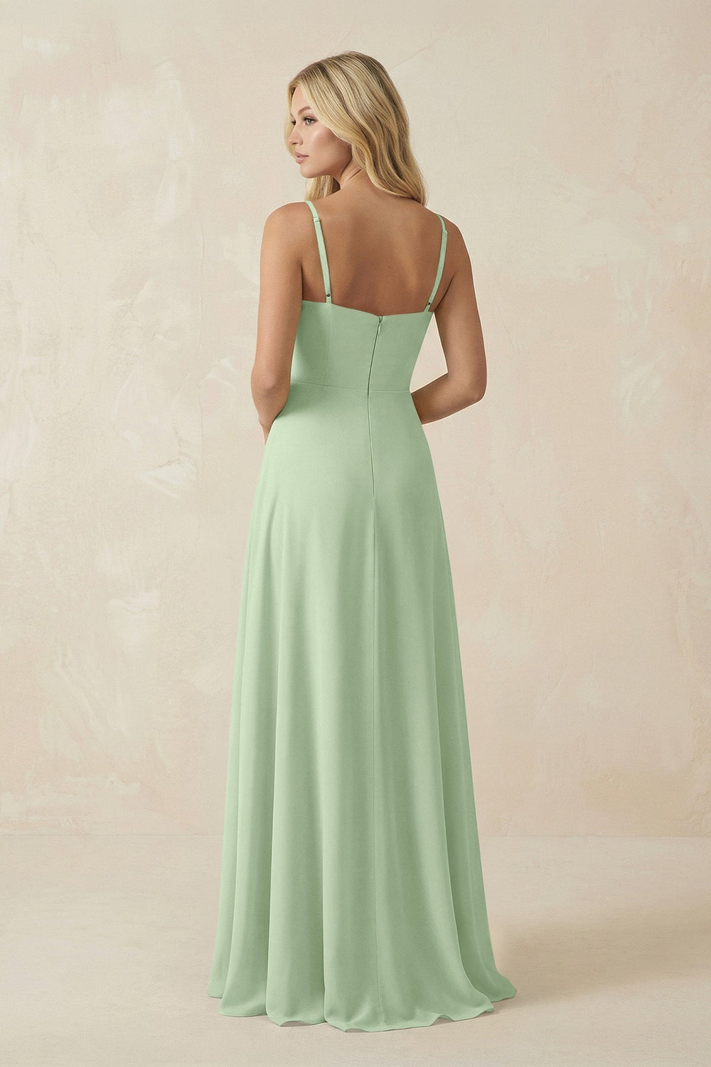 Spaghetti Strap Chiffon A - Line Bridesmaid Dress in Sage - SHE IS ME Bridesmaid Dresses