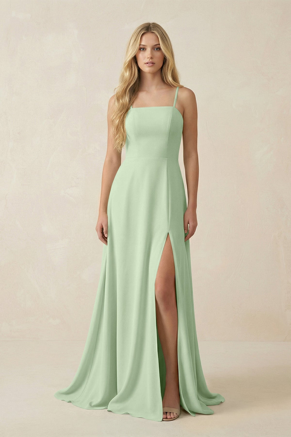 Spaghetti Strap Chiffon A - Line Bridesmaid Dress in Sage - SHE IS ME Bridesmaid Dresses