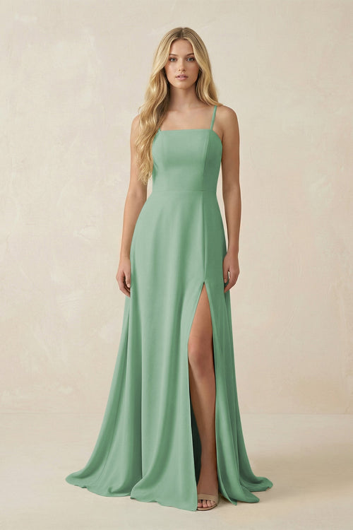 Spaghetti Strap Chiffon A - Line Bridesmaid Dress in Sea Glass - SHE IS ME Bridesmaid Dresses
