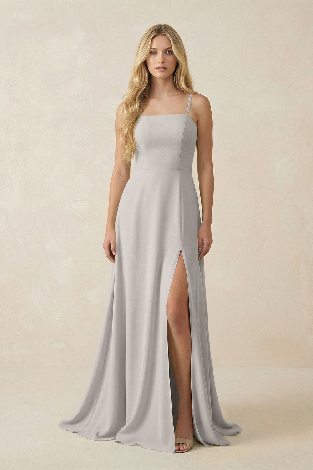 Spaghetti Strap Chiffon A - Line Bridesmaid Dress in Silver - KISS BRIDAL Bridesmaid Dresses