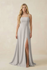 Spaghetti Strap Chiffon A - Line Bridesmaid Dress in Silver - KISS BRIDAL Bridesmaid Dresses