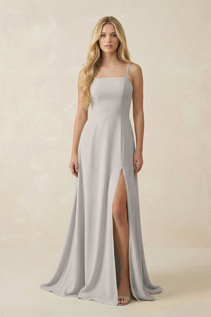 Spaghetti Strap Chiffon A - Line Bridesmaid Dress in Silver - KISS BRIDAL Bridesmaid Dresses