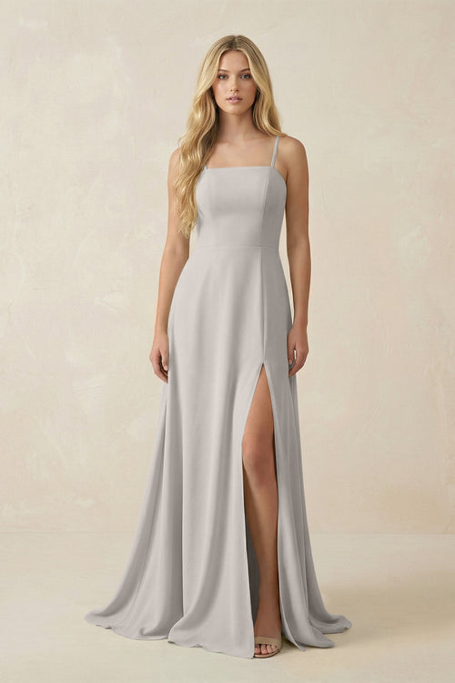 Spaghetti Strap Chiffon A - Line Bridesmaid Dress in Silver - KISS BRIDAL Bridesmaid Dresses