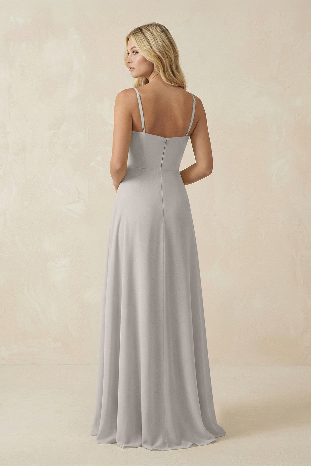 Spaghetti Strap Chiffon A - Line Bridesmaid Dress in Silver - KISS BRIDAL Bridesmaid Dresses