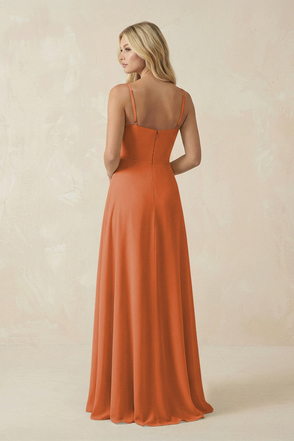 Spaghetti Strap Chiffon A - Line Bridesmaid Dress in Terracotta - KISS BRIDAL Bridesmaid Dresses