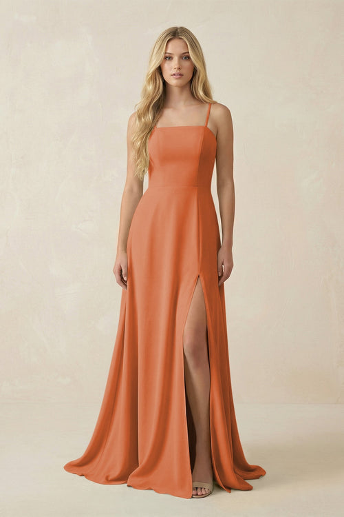 Spaghetti Strap Chiffon A - Line Bridesmaid Dress in Terracotta - KISS BRIDAL Bridesmaid Dresses