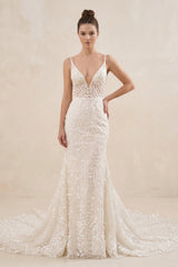 Spaghetti Strap Mermaid Appliqued Wedding Dress in Ivory - KISS BRIDAL Wedding Dresses