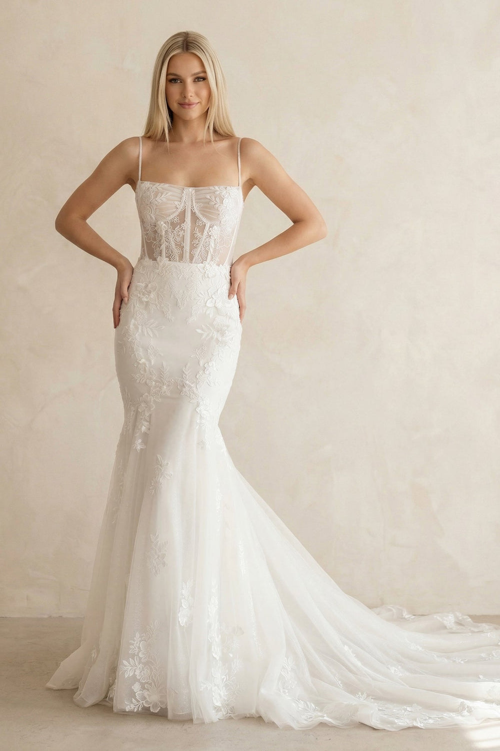 Spaghetti Strap Mermaid Lace Corset Wedding Dress in White - KISS BRIDAL Wedding Dresses