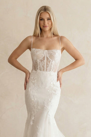 Spaghetti Strap Mermaid Lace Corset Wedding Dress in White - SHE IS ME Wedding Dresses