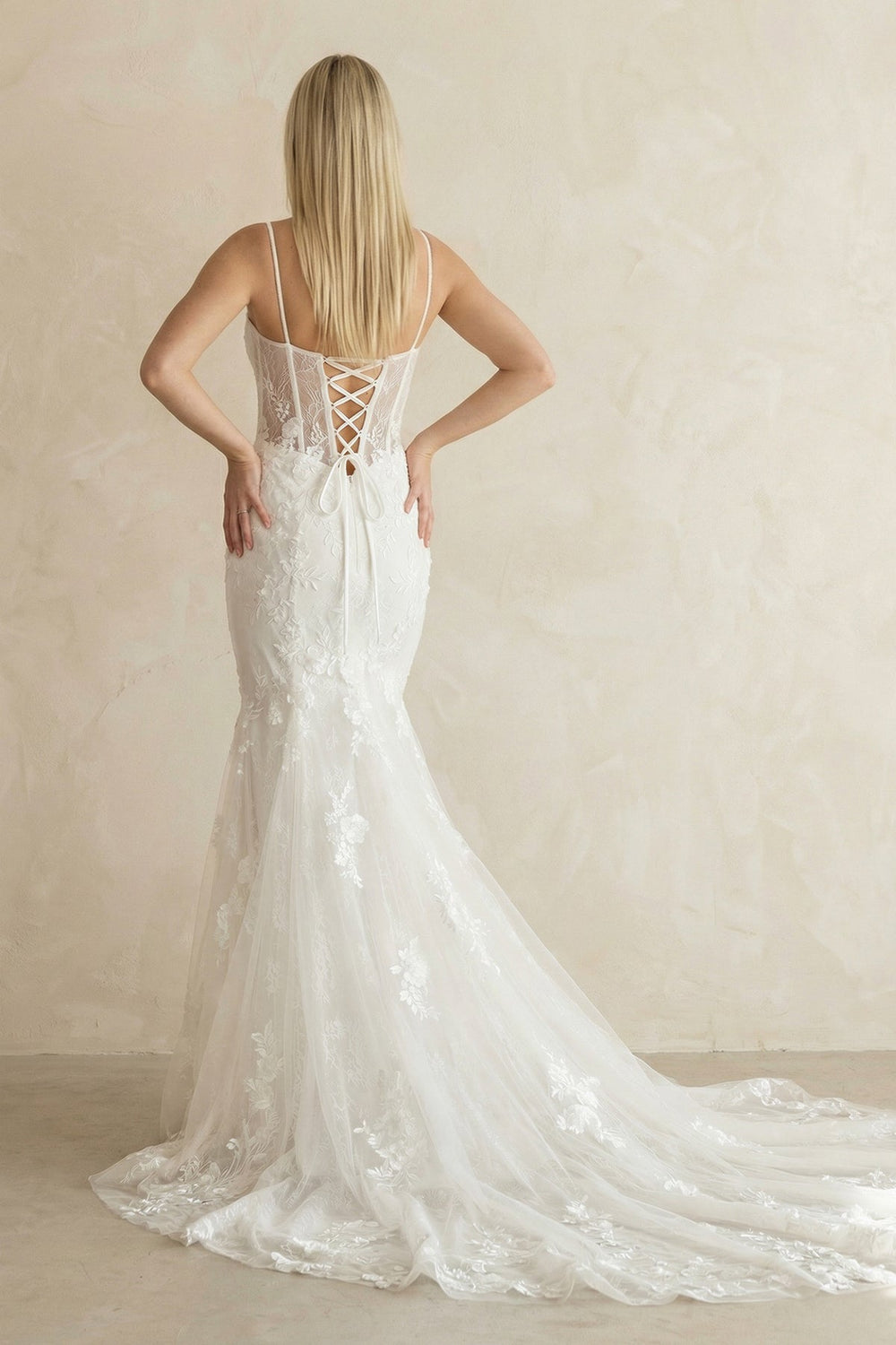 Spaghetti Strap Mermaid Lace Corset Wedding Dress in White - KISS BRIDAL Wedding Dresses