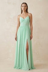 Spaghetti Strap Pleated A-Line Chiffon Bridesmaid Dress in Pale Pistachio - KISS BRIDAL BRIDESMAID DRESSES