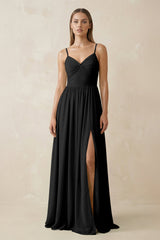 Spaghetti Strap Pleated A - Line Chiffon Bridesmaid Dress in Black - KISS BRIDAL Bridesmaid Dresses
