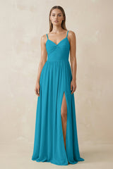 Spaghetti Strap Pleated A - Line Chiffon Bridesmaid Dress in Blue Jay - KISS BRIDAL Bridesmaid Dresses