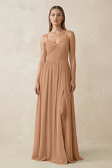 Spaghetti Strap Pleated A - Line Chiffon Bridesmaid Dress in Bronzer - KISS BRIDAL Bridesmaid Dresses