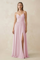 Spaghetti Strap Pleated A - Line Chiffon Bridesmaid Dress in Candy Pink - SHE IS ME Bridesmaid Dresses