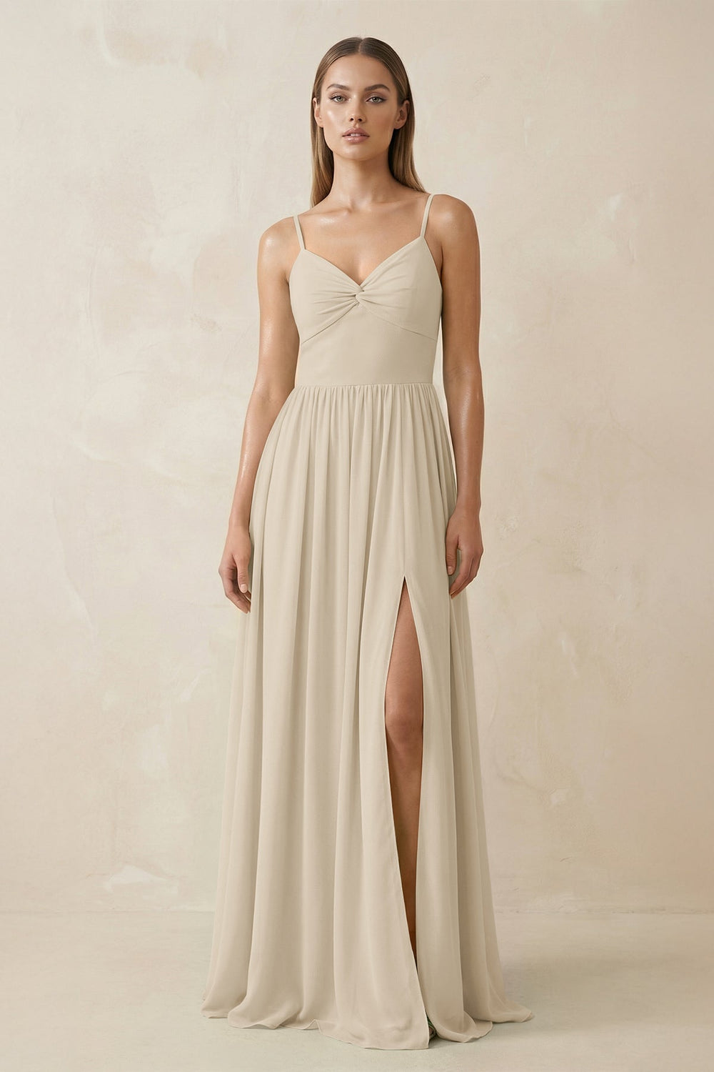 Spaghetti Strap Pleated A - Line Chiffon Bridesmaid Dress in Champagne - SHE IS ME Bridesmaid Dresses