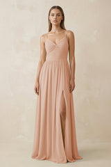 Spaghetti Strap Pleated A - Line Chiffon Bridesmaid Dress in Champagne Rose - KISS BRIDAL Bridesmaid Dresses