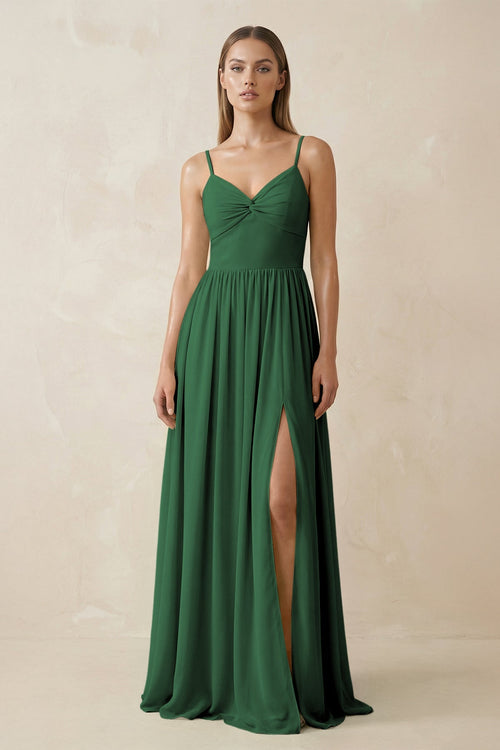 Spaghetti Strap Pleated A - Line Chiffon Bridesmaid Dress in Dark Green - SHE IS ME Bridesmaid Dresses