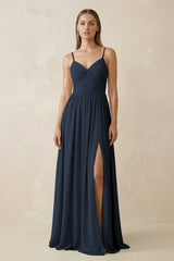 Spaghetti Strap Pleated A - Line Chiffon Bridesmaid Dress in Dark Navy - KISS BRIDAL Bridesmaid Dresses