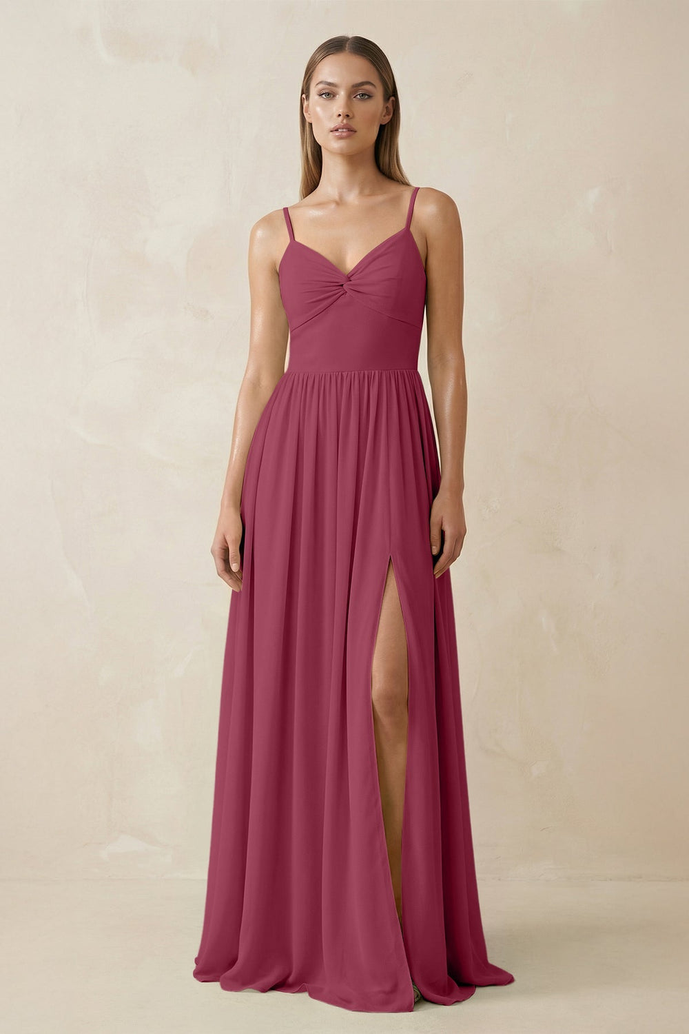 Spaghetti Strap Pleated A - Line Chiffon Bridesmaid Dress in Desert Rose - SHE IS ME Bridesmaid Dresses
