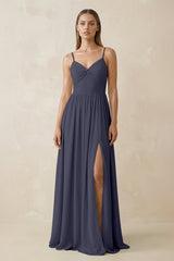 Spaghetti Strap Pleated A - Line Chiffon Bridesmaid Dress in Dusk Blue - KISS BRIDAL Bridesmaid Dresses